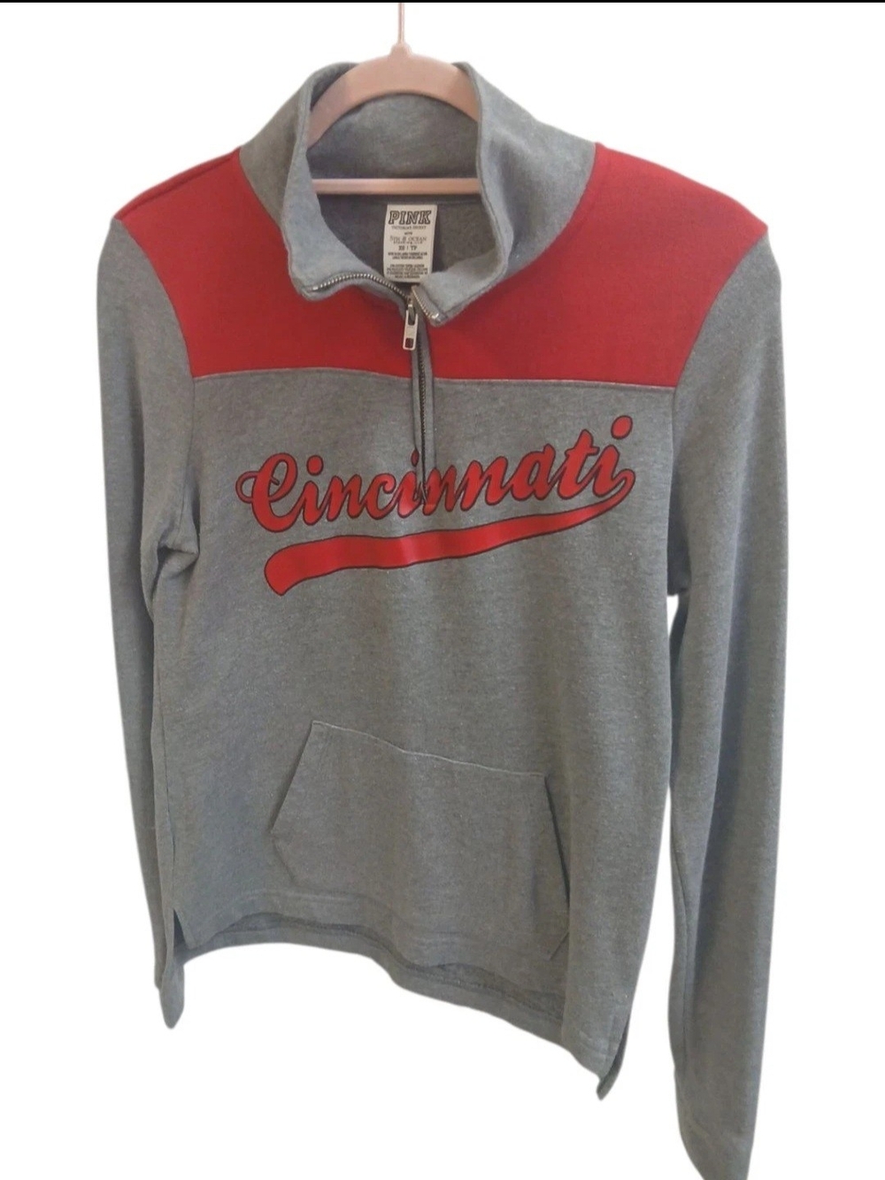 PINK Victoria's Secret Gray and Red Cincinnati Reds Quarter-Zip Sweatshirt #168